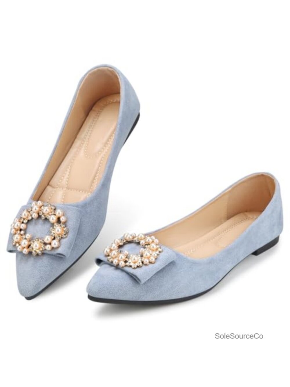 Women's Faux Suede Pearl Trim Pointed Toe Flats, Non-Slip Comfort Wedding Guest